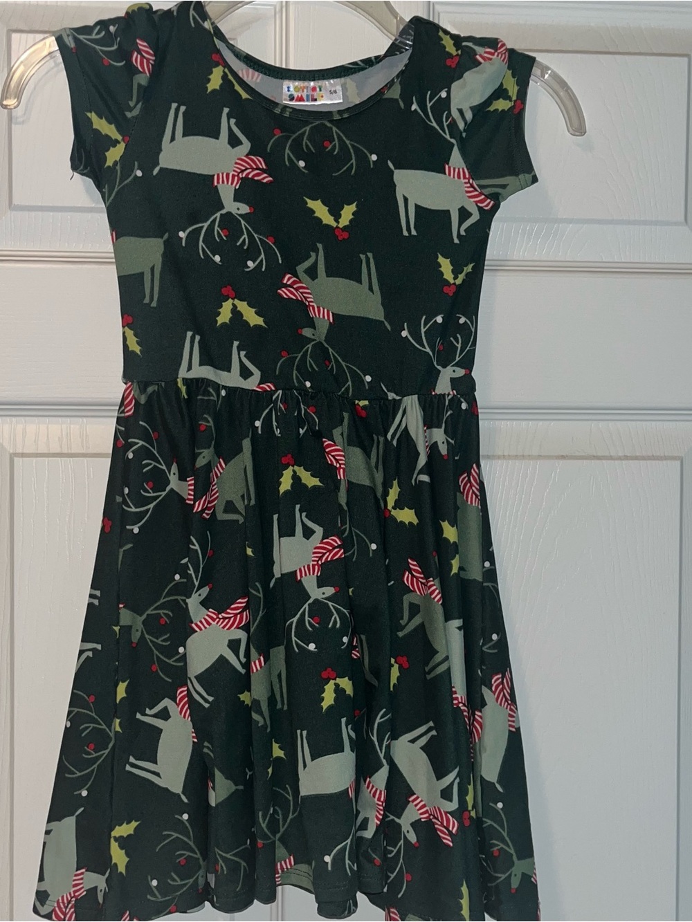Girls Green Holiday Reindeer Dress with Red Accents